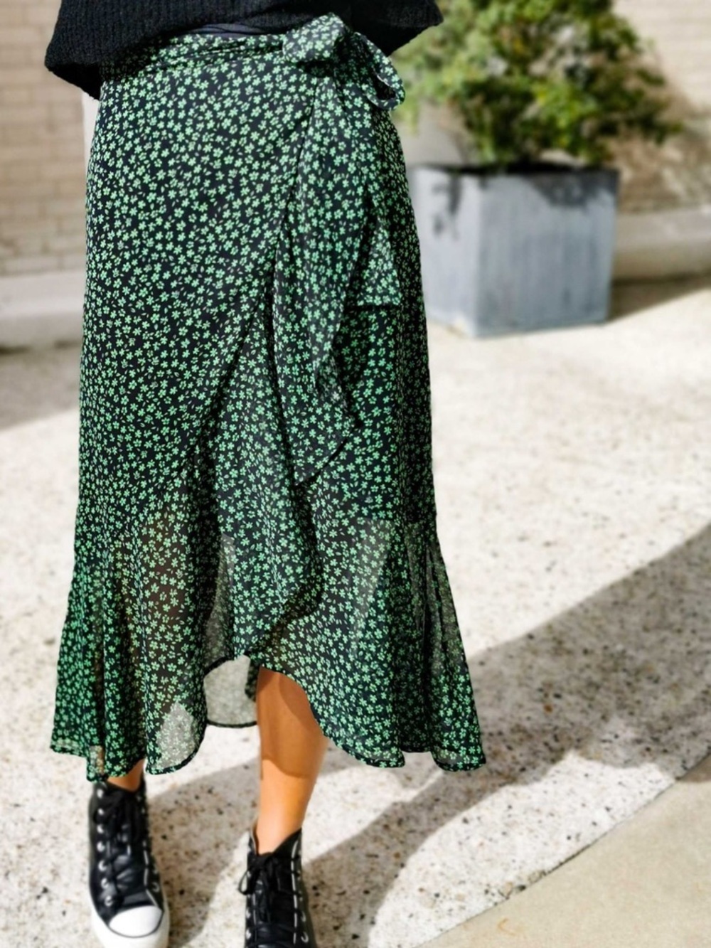 Bershka Black & Green Floral Wrap Midi Skirt | Ruffle Hem | Size Large